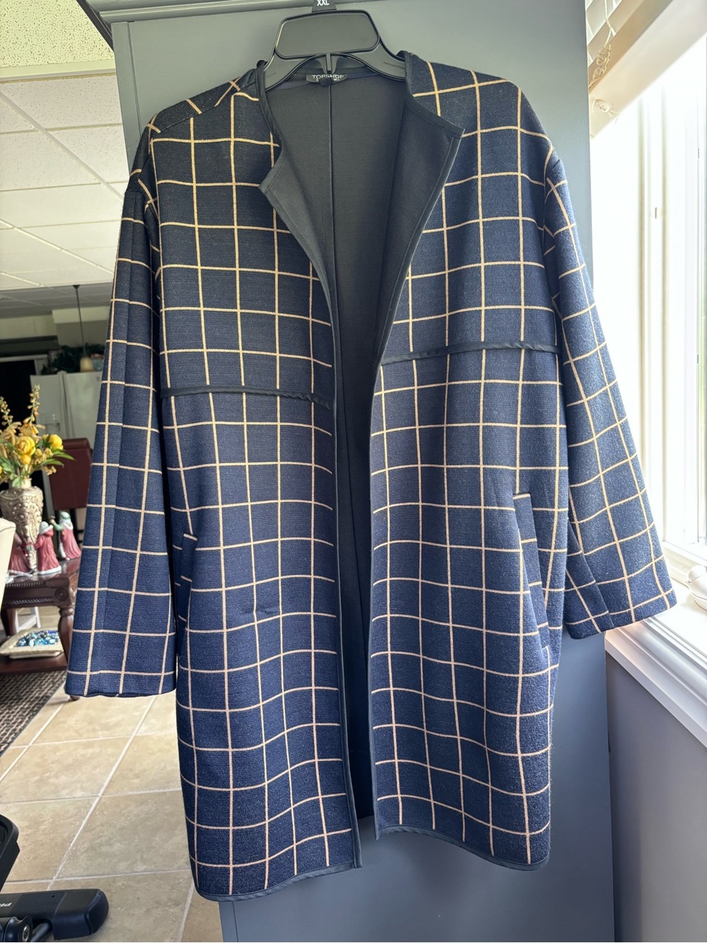 Topshop Navy Windowpane Trench Coat with Beige Grid